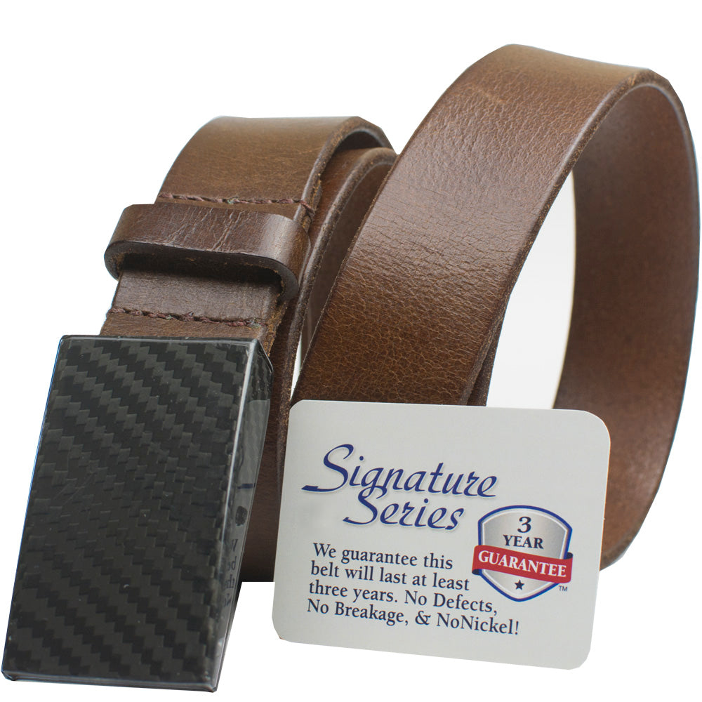 CF 2.0 Brown Belt Brown genuine leather belt with a black carbon fiber buckle, 3 year guarantee