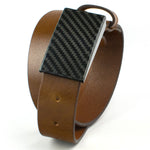 CF 2.0 Brown Belt Brown genuine leather belt with a black carbon fiber hook buckle, TSA friendly 