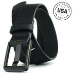 Delta Force Belt. Black full grain leather belt with a black carbon fiber buckle, made in the USA