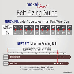 Belt Sizing Guide. Quick Fit: Order 1 size larger than pant waist size. Questions? Call 704-947-1917