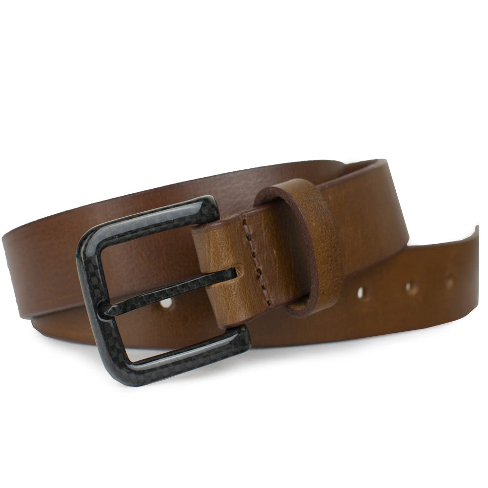 The Specialist Brown Belt, Brown full grain leather with a carbon fiber pin buckle stitched in