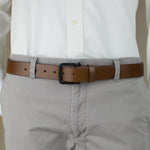 The Specialist Brown Belt on model - no nickel, hypoallergenic, shiny leather, carbon fiber buckle