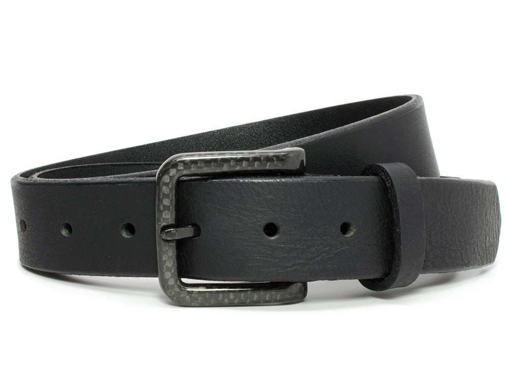 Image of The Specialist Black Leather Belt. Black leather strap & a curved black carbon fiber buckle