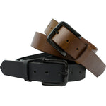 Image of 2 black carbon fiber buckles sewn onto 1 black and 1 brown leather strap. USA Made