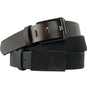 Zero Metal Belt Duo by Nickel Smart, travel belt, black carbon fiber buckles, brown & black leather