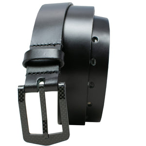 Stealth Black Leather Belt - Curved black carbon fiber buckle is TSA Friendly. USA Made