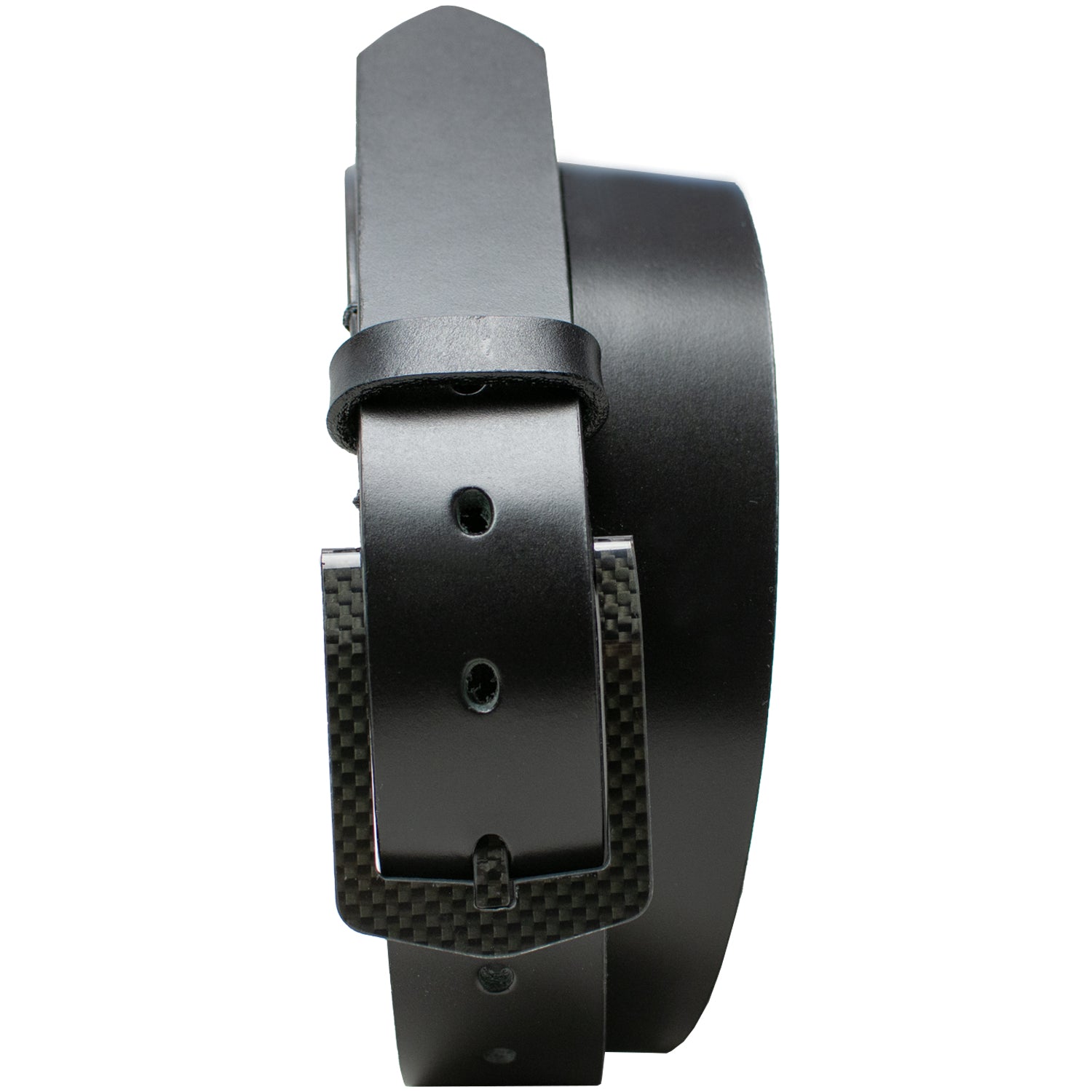 Black leather strap with a curved carbon fiber buckle sewn onto it